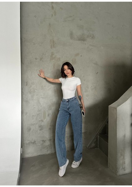 Kadın Mavi Kar Yıkama Rengi Yüksek Bel Skater Fit Bol Kesim Baggy Denim