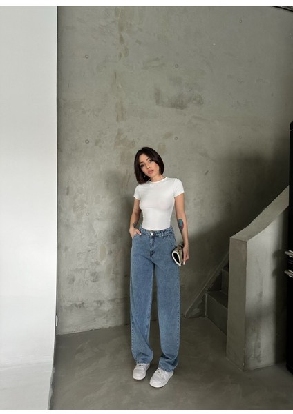 Kadın Mavi Kar Yıkama Rengi Yüksek Bel Skater Fit Bol Kesim Baggy Denim