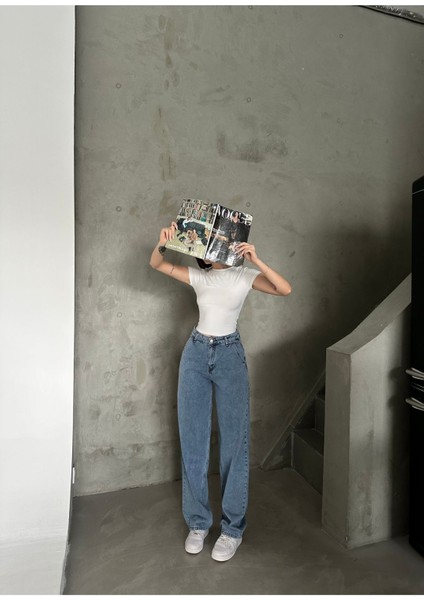 Kadın Mavi Kar Yıkama Rengi Yüksek Bel Skater Fit Bol Kesim Baggy Denim