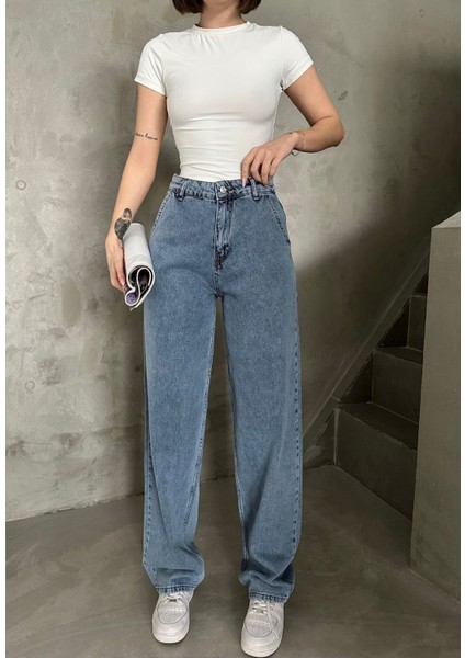 Kadın Mavi Kar Yıkama Rengi Yüksek Bel Skater Fit Bol Kesim Baggy Denim
