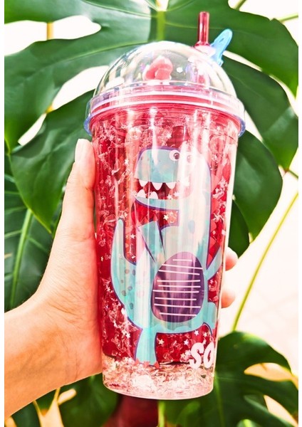 Dino Suluk Pipetli Buzlu Cam Görünümlü LED Işıklı 450 ml Çift Katman Mika 2097 Kırmızı fiyatları