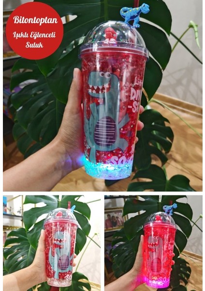 Dino Suluk Pipetli Buzlu Cam Görünümlü LED Işıklı 450 ml Çift Katman Mika 2097 Kırmızı fırsatları