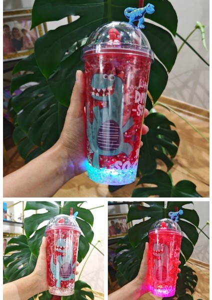Dino Suluk Pipetli Buzlu Cam Görünümlü LED Işıklı 450 ml Çift Katman Mika 2097 Kırmızı indirimleri