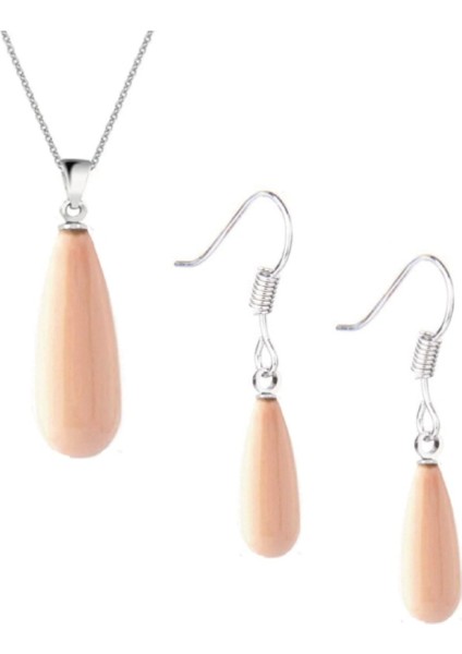 Pembe Inci Uzun Damla Küpe - Kolye Gümüş Set Kancalı Model fiyatları