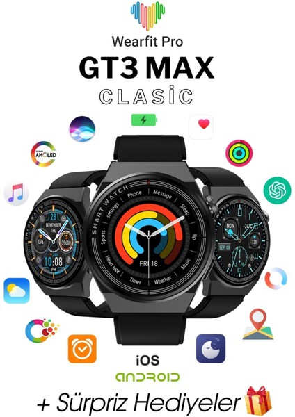 Gt3 Max Clasic Akıllı Saat Yuvarlak Model 1.5 Inç 37MM Amoled Ekran Akıllı Kol Saati