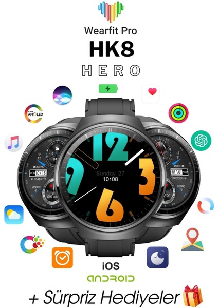 Hk8 Hero Siyah 1.52INÇ 37MM Amoled Ekran Akıllı Kol Saati