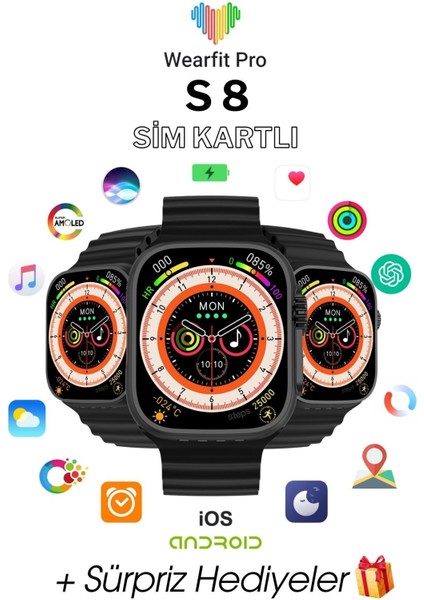 S8 Ultra 4g Sim Kartlı Btk Kayıtlı Distribitör Garantili Akıllı Saat 49MM Amoled Ekran Akıllı Saat