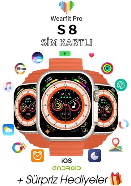 S8 Ultra 4g Sim Kartlı Btk Kayıtlı Distribitör Garantili Akıllı Saat 49MM Amoled Ekran Akıllı Saat fiyatları
