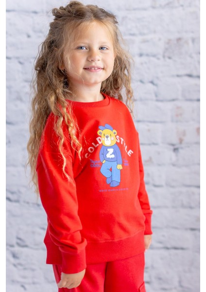 Kız Çocuk Baskı ve Nakış Detaylı Sweatshirt - Kırmızı
