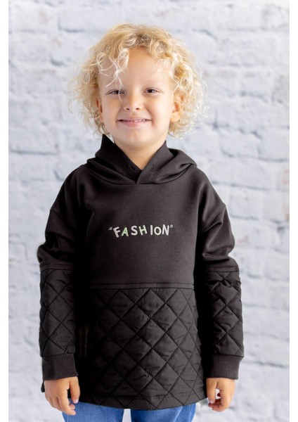 Kız Çocuk Nakış Detaylı Kapitoneli Sweatshirt - Siyah