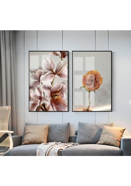 Pembe Gül Ve Çiçek Kombini 1 |Çerçeveli Cam Tablo 2li Dikey