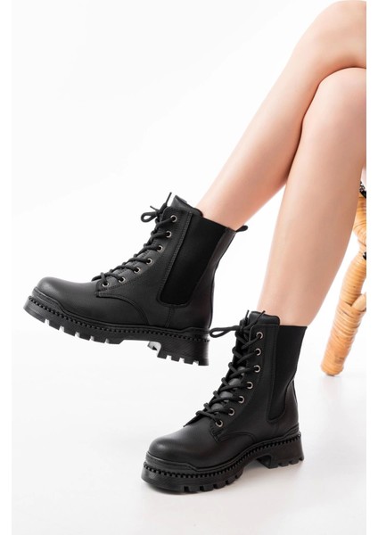 2051-298 Siyah Luna Düz Topuklu Bağcıklı Lastikli Günlük Kadın Bot fiyatları