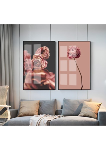 Gül Kurusu Tonlar Gül Kombini 01 |Çerçeveli Cam Tablo 2li Dikey