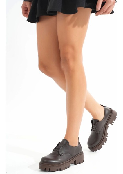 868-754 Kahverengi Bağcıklı Günlük Yüksek Tabanlı Loafer Ayakkabı modelleri