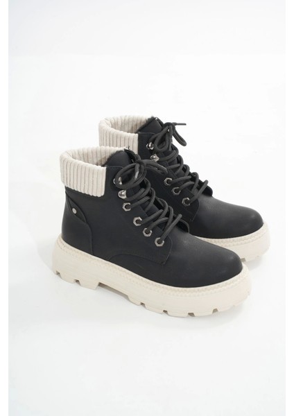LMÇ-2045 Siyah-Bej Taban Bağcıklı Kalın Taban Kadın Günlük Bot fırsatları
