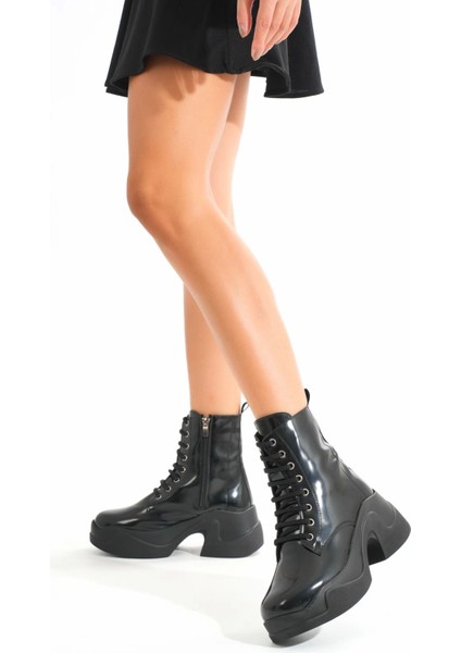 FZ-2550 Siyah Rugan Yüksek Tabanlı Bağcıklı Fermuarlı Günlük Kadın Bot