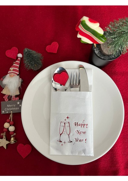 Kırmızı Yaldızlı Beyaz Cepli Yılbaşı Kadeh Happy New Year Kağıt Peçete 12 Adet 40X40