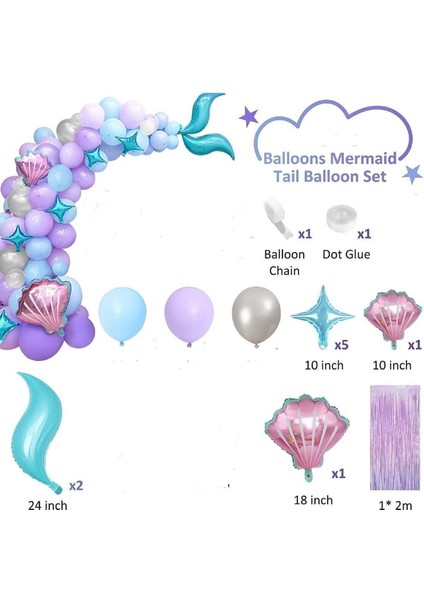 Deniz Kızı Balon Mavi Mor Balonlar Folyo Saçak Perde Seti Doğum Günü Parti Süsü