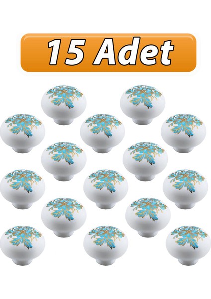 15 Adet Mavi Beyaz Ortanca Çiçek Desenli Polimer Düğme Kulp Mantar Mobilya Mutfak Dolabı Çekmece Kulbu Kulpları