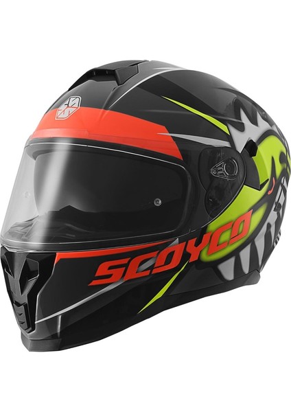 FF-869 Shark Siyah-Gri-Neon Güneş Vizörlü Kapalı Kask
