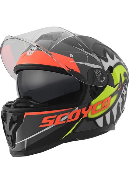 FF-869 Shark Siyah-Gri-Neon Güneş Vizörlü Kapalı Kask modelleri