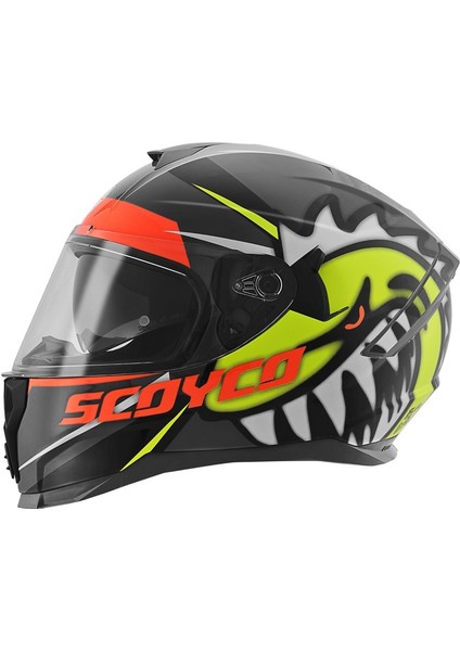 FF-869 Shark Siyah-Gri-Neon Güneş Vizörlü Kapalı Kask