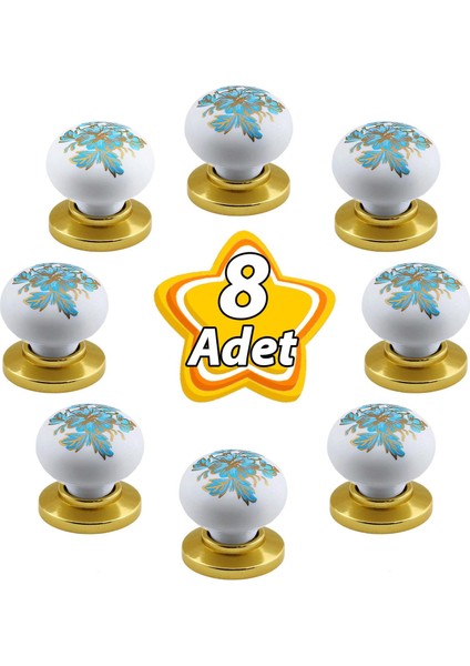 8 Adet Mavi Beyaz Ortanca Çiçek Desenli Altın Tablalı Polimer Düğme Kulp Mobilya Mutfak Dolabı Çekmece Kulbu Kulpları