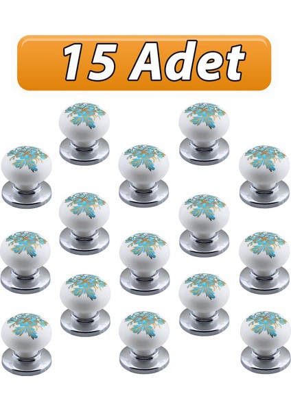 15 Adet Mavi Ortanca Polimer Kulpları Düğme Çiçek Desenli Beyaz Krom Tablalı Mobilya Mutfak Dolabı Çekmece Kulpu Kulbu