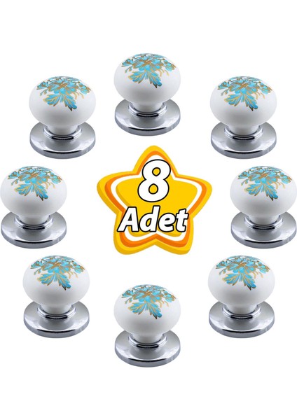 8 Adet Mavi Beyaz Ortanca Çiçek Desenli Krom Tablalı Polimer Düğme Kulp Mobilya Mutfak Dolabı Çekmece Kulpları