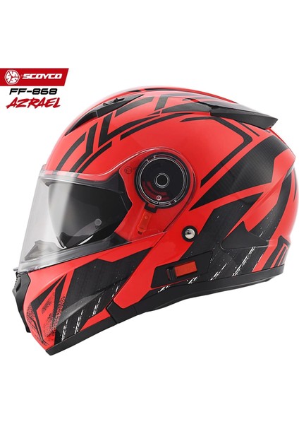 FF-868 Azrael Kırmızı-Siyah Çene Açılır Güneş Vizörlü Kask