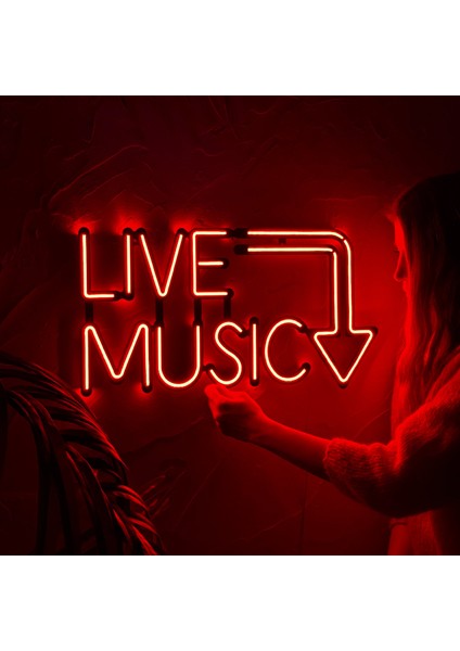 Live Music Neon Duvar Yazısı - Modern ve Şık Metal Üzerine Neon Duvar Tabela, Kırmızı Led, 57 cm x 30 cm