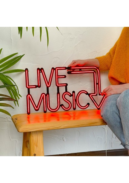 Live Music Neon Duvar Yazısı - Modern ve Şık Metal Üzerine Neon Duvar Tabela, Kırmızı Led, 57 cm x 30 cm