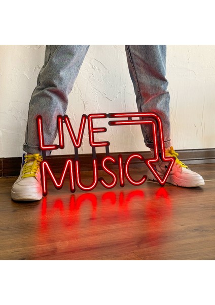 Live Music Neon Duvar Yazısı - Modern ve Şık Metal Üzerine Neon Duvar Tabela, Kırmızı Led, 57 cm x 30 cm