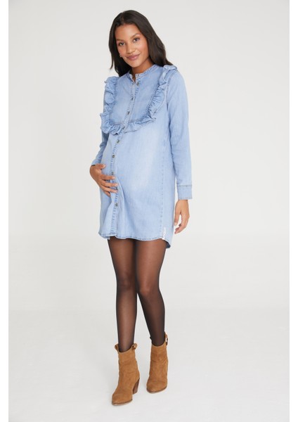 Hamile Açık Mavi Fırfır Detaylı Gömlek Elbise 1030