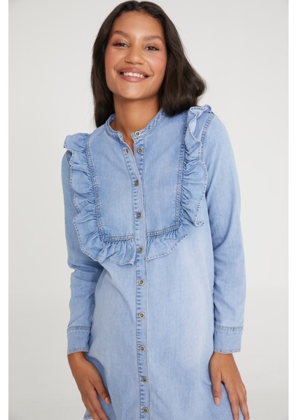 Hamile Açık Mavi Fırfır Detaylı Gömlek Elbise 1030 modelleri