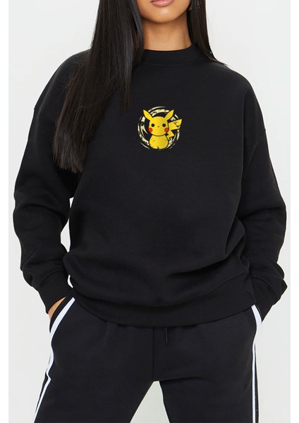 Pikachu Anime Baskılı Siyah Kadın Erkek Pamuklu Sweatshirt Cu42