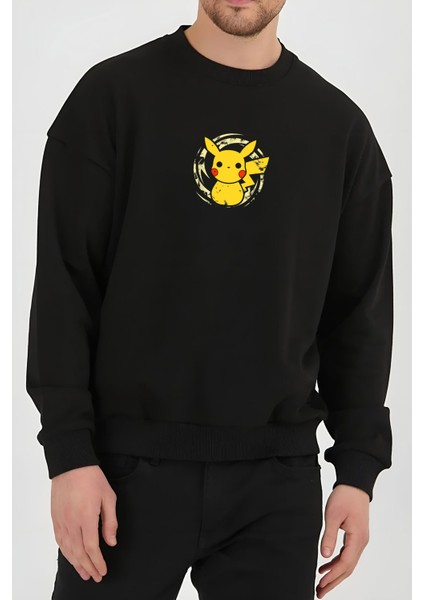 Pikachu Anime Baskılı Siyah Kadın Erkek Pamuklu Sweatshirt Cu42 fiyatları