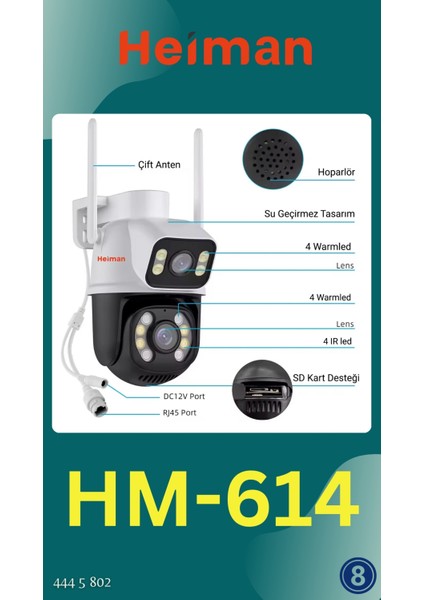 HM-614 2 Kameralı Wifi 6mp Onvif Dış Ip Ptz Iç Dış Mekan Kamera