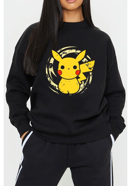Pikachu Anime Baskılı Siyah Unisex Kadın Erkek Pamuklu Sweatshirt CU43
