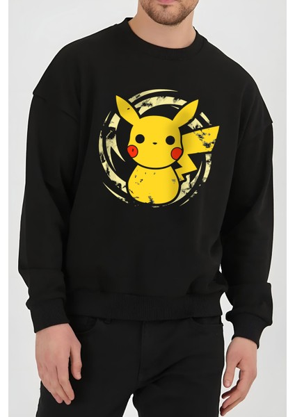Pikachu Anime Baskılı Siyah Unisex Kadın Erkek Pamuklu Sweatshirt CU43 fiyatları