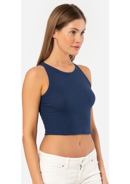 Türen Kadın Fitilli Crop T-Shirt 3404/LACIVERT