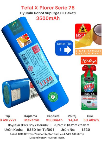 Tefal X-Plorer Serie 75 3500MAH Uyumlu Batarya Robot Süpürge Pili B3501M-TEF001