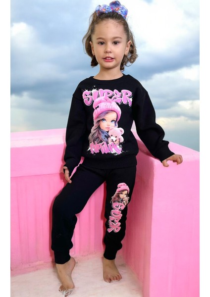 Kız Çocuk Oyuncak Bebek Fuşya Pembe Siyah Baskılı Sweatshirt Eşofman Alt Üst Takım