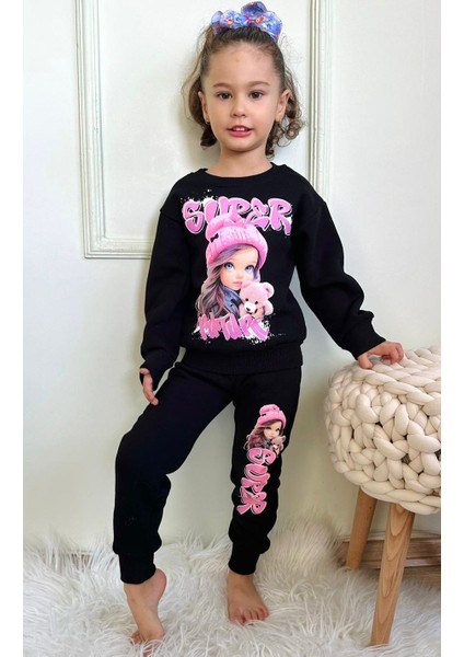 Kız Çocuk Oyuncak Bebek Fuşya Pembe Siyah Baskılı Sweatshirt Eşofman Alt Üst Takım fiyatları