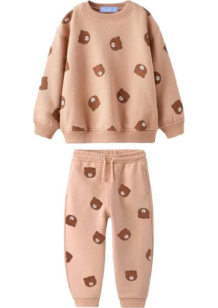 Unisex Çocuk Kahve Tonlu Mini Ayıcık Emoji Baskılı Sweatshirt Eşofman Alt Üst Takım 3 Iplik