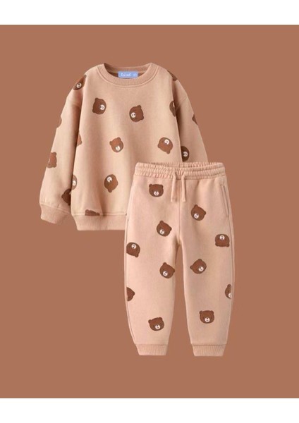 Unisex Çocuk Kahve Tonlu Mini Ayıcık Emoji Baskılı Sweatshirt Eşofman Alt Üst Takım 3 Iplik fiyatları