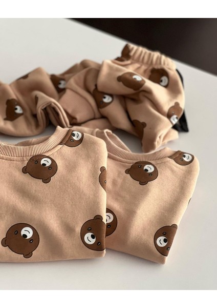 Unisex Çocuk Kahve Tonlu Mini Ayıcık Emoji Baskılı Sweatshirt Eşofman Alt Üst Takım 3 Iplik modelleri