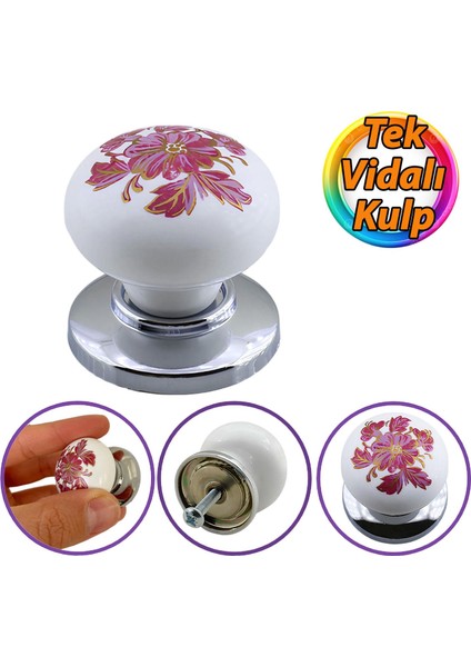 Pembe Beyaz Ortanca Çiçek Desenli Krom Tablalı Polimer Düğme Kulp Mobilya Mutfak Dolabı Çekmece Kulpları