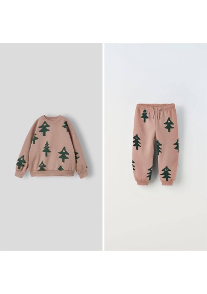 Yeni Sezon 3 Iplik Mini Figür Çam Ağacı Desen Mini Figürlü Sweatshirt Eşofman Alt Üst Takım 2 Parça