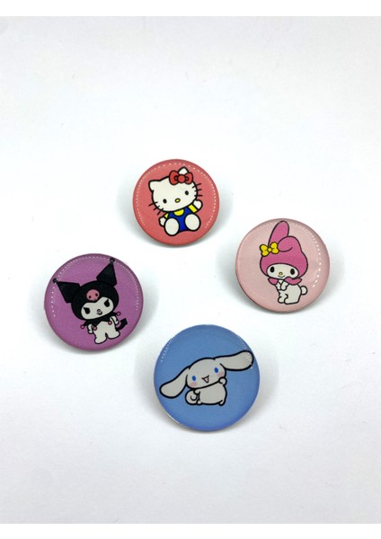 Hello Kitty, Kuromi, Melody ve Cinnamoroll Temalı Parlak Baskılı 4'lü Metal Rozet Seti